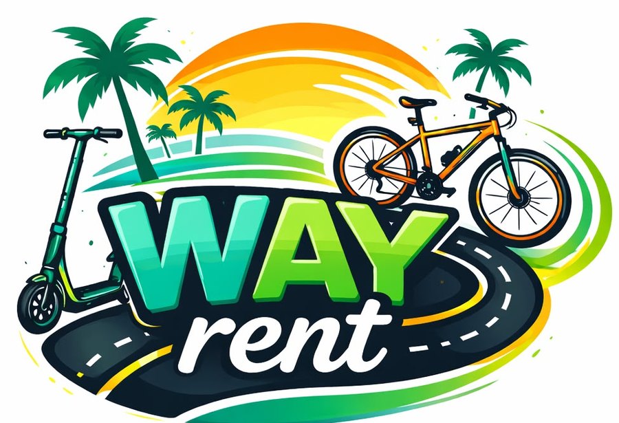 Logotipo de WayRent con palmeras, un patinete y una bicicleta sobre una carretera